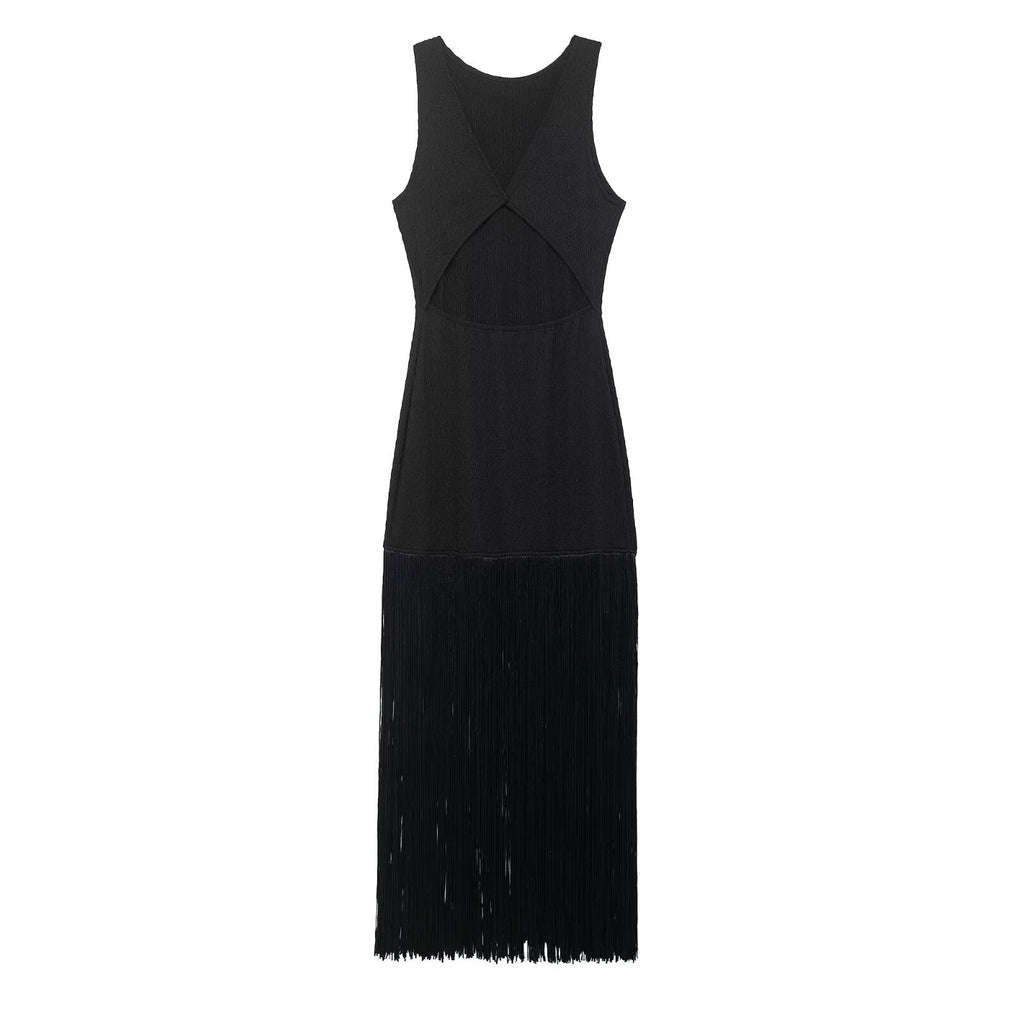 Women Clothing Spring Elegant Lady Slim Sleeveless Tassel Dress