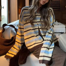 Load image into Gallery viewer, Round Neck Long Sleeve Loose Contrast Color Striped Lazy Knitted Sweater Women