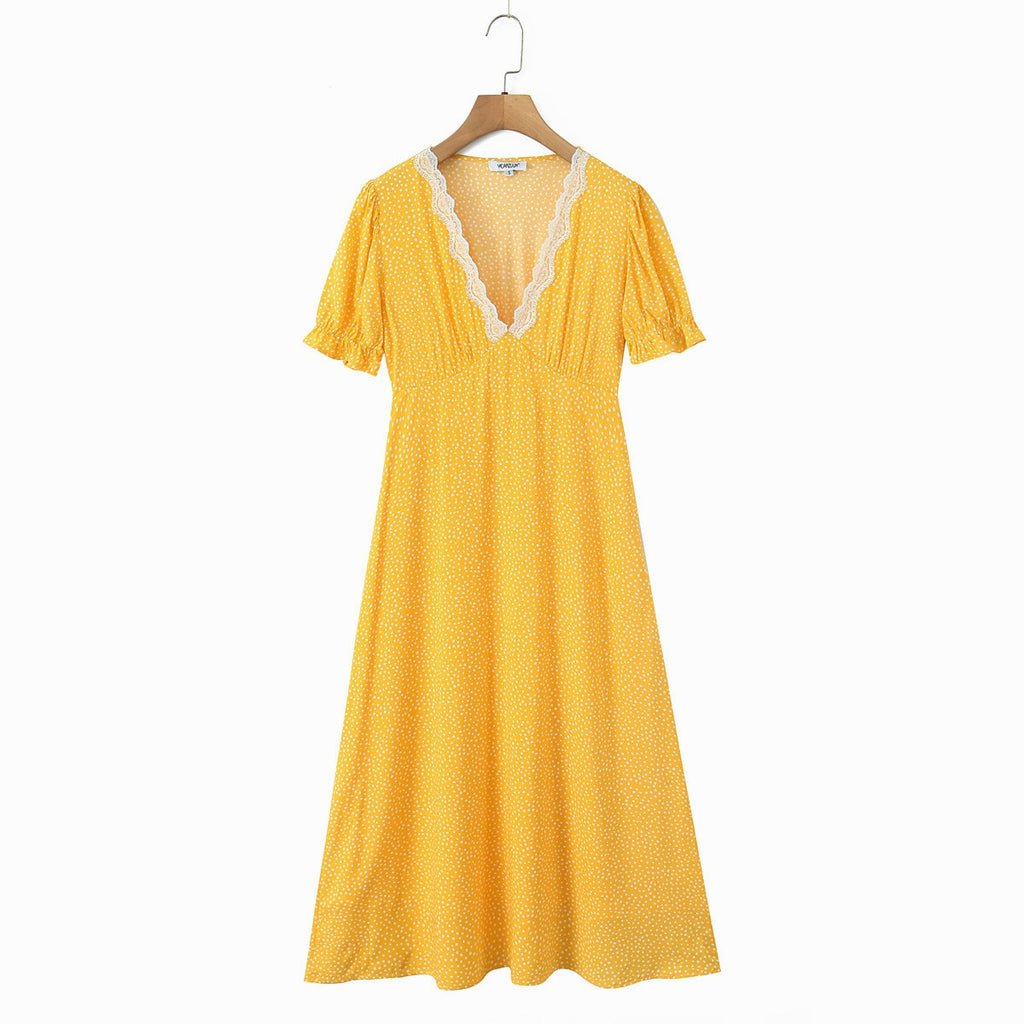 Women Clothing Spring Lace Polka Dot Short Sleeve Dress