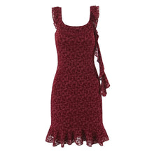 Load image into Gallery viewer, Sexy Cute Deep V Plunge neck Bow Flocked Printed Tight Waist A line Dress Ruffled Sexy Dress