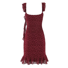 Load image into Gallery viewer, Sexy Cute Deep V Plunge neck Bow Flocked Printed Tight Waist A line Dress Ruffled Sexy Dress