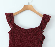 Load image into Gallery viewer, Sexy Cute Deep V Plunge neck Bow Flocked Printed Tight Waist A line Dress Ruffled Sexy Dress