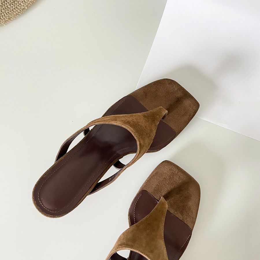 Women's Retro-Chic Square Toe Thong Stiletto Sandals – Buckle Closure Mid Heel