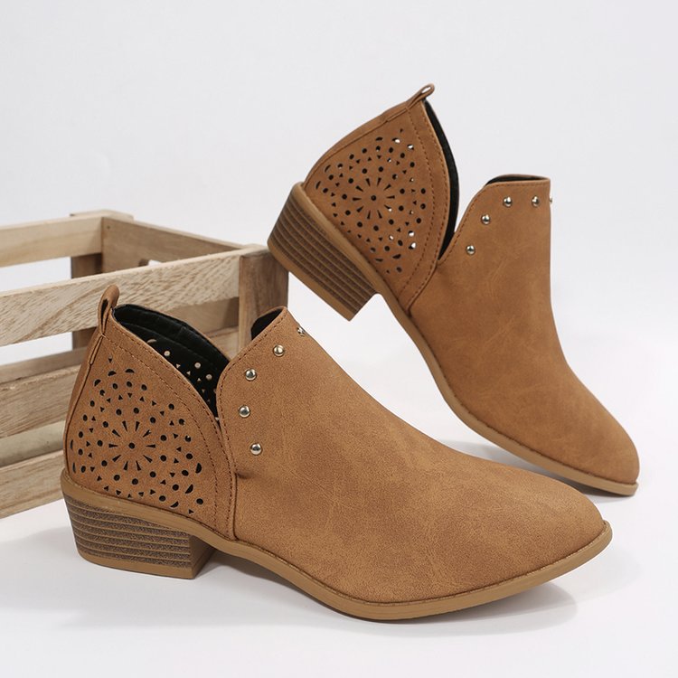 Women's Retro Studded Pointed-Toe Ankle Boots | Chunky Heel Slip-On