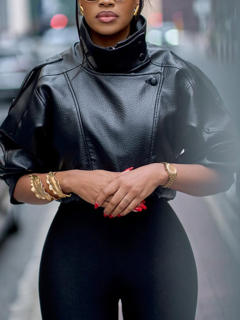 Black Lychee Grain Faux Leather Stand Collar Puff Sleeve Cropped Jacket