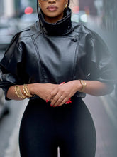 Load image into Gallery viewer, Black Lychee Grain Faux Leather Stand Collar Puff Sleeve Cropped Jacket