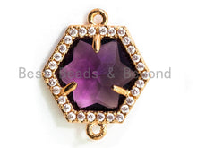 Load image into Gallery viewer, Hexagon Bezel Connector with Faceted Glass, Gold Plated CZ Micro Pave Frame Connector, Black/Green/Purple/Smoke, 14x18mm, sku#A78