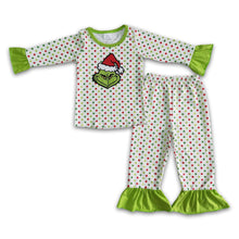 Load image into Gallery viewer, Colorful polka dots green face girls Christmas pajamas