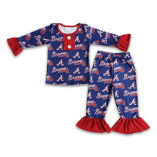 Load image into Gallery viewer, Braves print ruffle long sleeve girls team pajamas