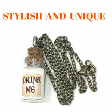 Load image into Gallery viewer, Drink Me Bottle Necklace Glass Vial Fantasy Jewelry Aqua Blue Rusty Glow in the Dark