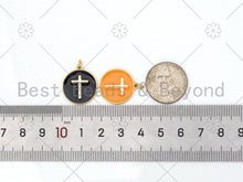 Load image into Gallery viewer, Gold Filled Colorful Enamel Cross On Round Coin Shape Pendant, 18K Gold Filled Enamel Charm,Enamel Jewelry, Cross Charm,18x20mm,sku#L598