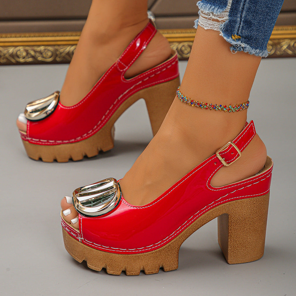 Women's Chunky Heel Peep-Toe Sandals | Buckle PU Summer Heels