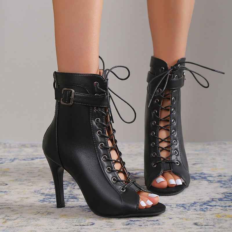 Women's Peep Toe High Heel Sandals - Lace-Up Buckle & Back Zipper Party Pumps