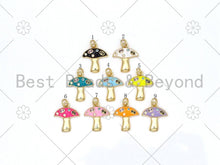 Load image into Gallery viewer, Colorful CZ Micropave Mushroom Shape Pendant, 18k Gold Filled Enamel Mushroom Charm, Necklace Bracelet Charm Pendant,16x19mm,Sku#F1428