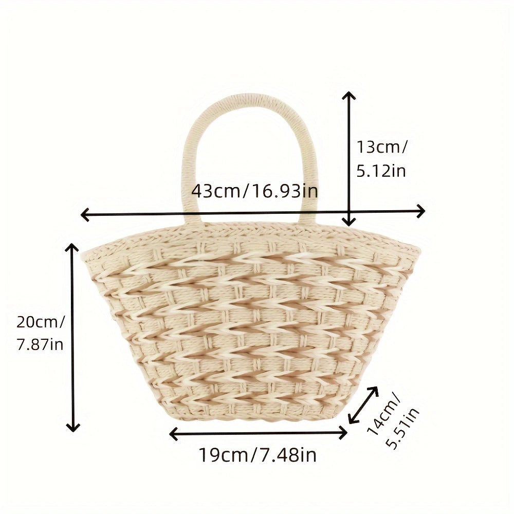 Handwoven Straw Beach Basket Bag - Color Block Shoulder Tote for Women