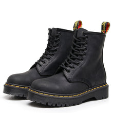 Load image into Gallery viewer, Women's British-Style Full-Grain Leather Biker Boots – Square Heel, Round Toe, Lace-Up