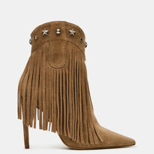 Load image into Gallery viewer, Fringed Studded High-Heel Pointed-Toe Ankle Boots – Side Zipper, Suede, Stiletto Heel | Sarah Express