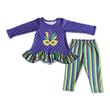 Load image into Gallery viewer, Purple polka dots shirt stripe leggings baby girls mardi gras outfits