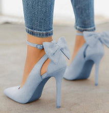Load image into Gallery viewer, Women's Bow Pointed-Toe High Heels | Faux Leather Stiletto Sandals