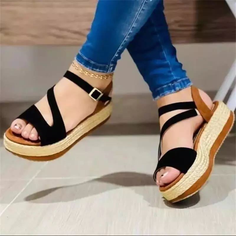 Women's Platform Sandals Hollow Cutout Buckle | Roman Style PU Open-Toe Heels
