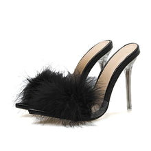 Load image into Gallery viewer, Women's Crystal High Heel Feather Fur Mule Sandals | Open-Toe PU Slip-On Heels