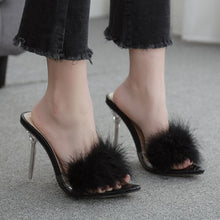 Load image into Gallery viewer, Women's Crystal High Heel Feather Fur Mule Sandals | Open-Toe PU Slip-On Heels