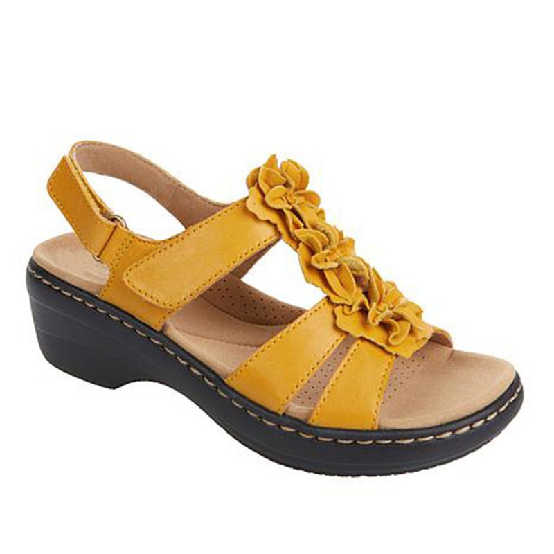 Women's Floral Wedge Sandals – Patent Leather Peep Toe Hollow Design with Velcro Strap