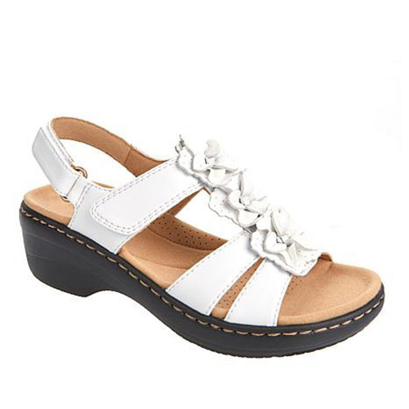 Women's Floral Wedge Sandals – Patent Leather Peep Toe Hollow Design with Velcro Strap