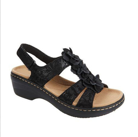 Women's Floral Wedge Sandals – Patent Leather Peep Toe Hollow Design with Velcro Strap