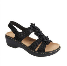 Load image into Gallery viewer, Women's Floral Wedge Sandals – Patent Leather Peep Toe Hollow Design with Velcro Strap