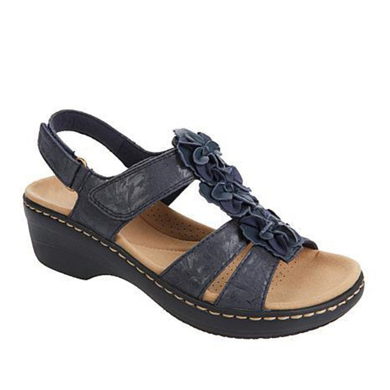 Women's Floral Wedge Sandals – Patent Leather Peep Toe Hollow Design with Velcro Strap