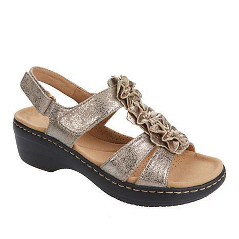 Women's Floral Wedge Sandals – Patent Leather Peep Toe Hollow Design with Velcro Strap