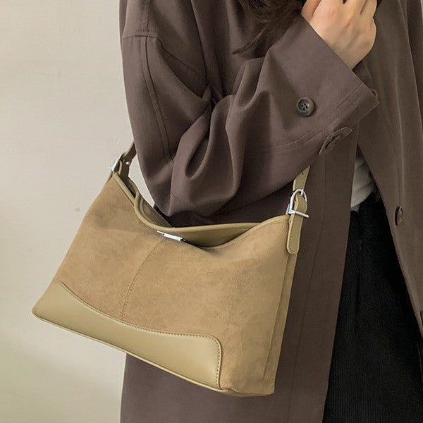 Women's Suede Bucket Crossbody Bag – Lock-Clasp Shoulder Bag with Double Straps