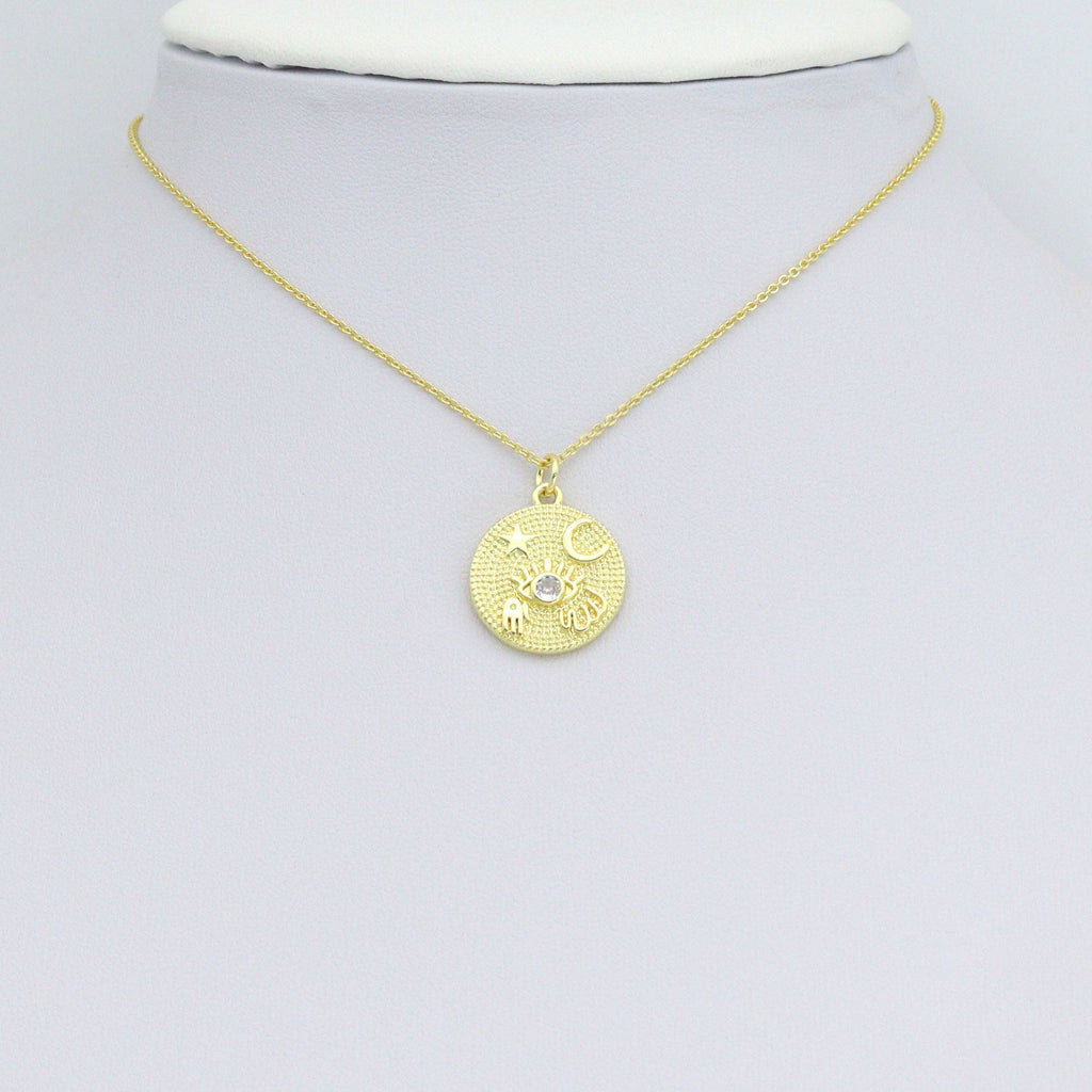 Gold Evil Eye star moon hamsa hand On Round Coin Charm Pendant,Sku#LX867