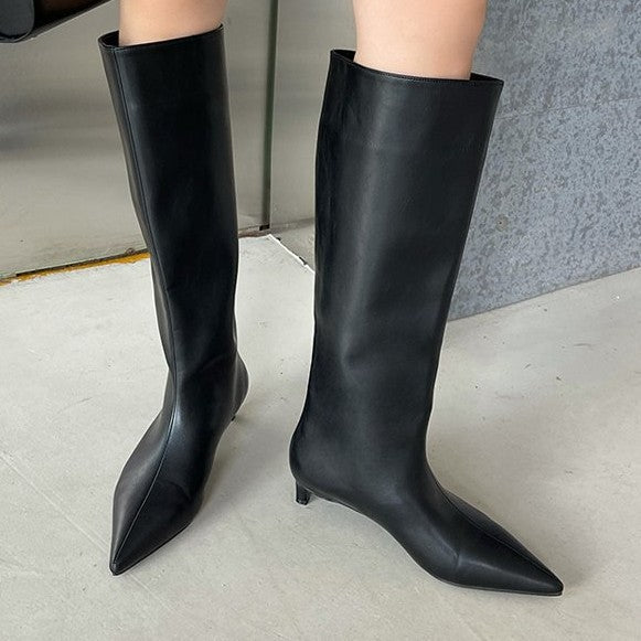 Women's Wide-Calf Knee-High Riding Boots | Pointed Toe Kitten Heel | PU Leather