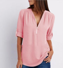 Load image into Gallery viewer, Women's Short-Sleeve Zip V-Neck Loose Top