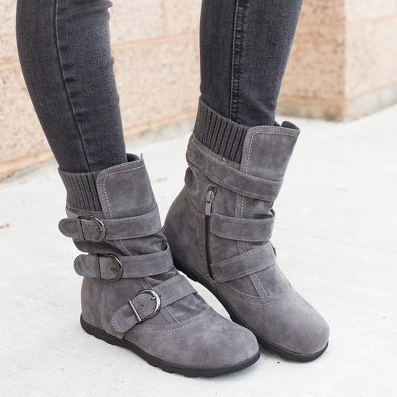 Women's Buckle Strap Winter Boots | Matte Round-Toe Flat Ankle Boots
