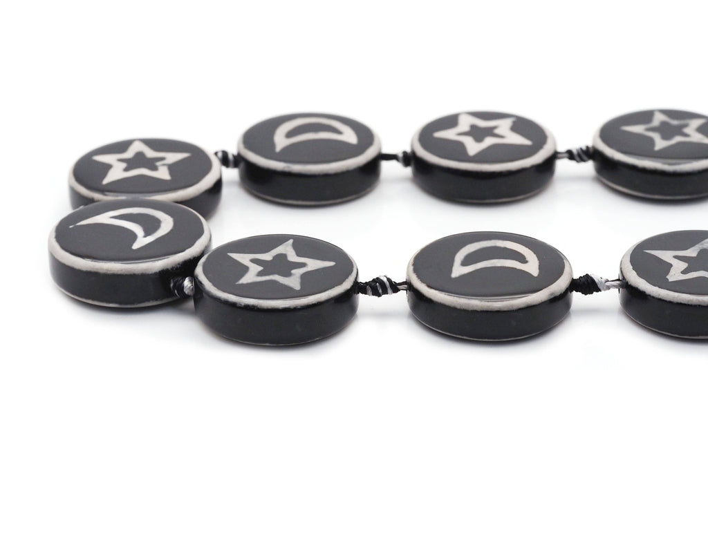 Natural Black White Moon Star Tibetan Agate Smooth Coin Beads, 30mm, Sku#U1403