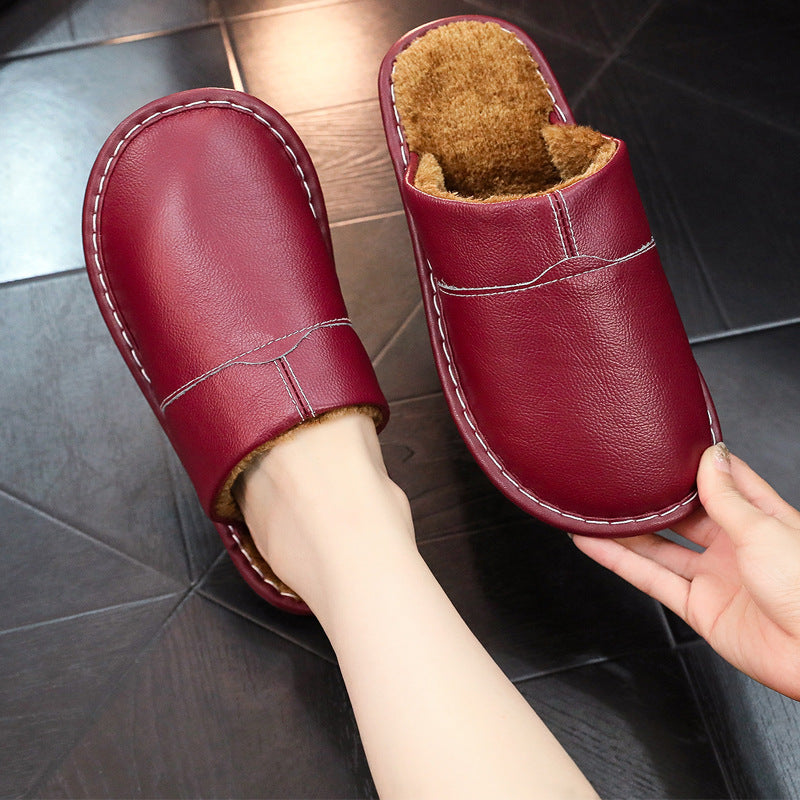 Women's Men's Winter Indoor Leather Slippers | Non-Slip Closed-Toe House Shoes | Cowhide Upper | Couples Slippers