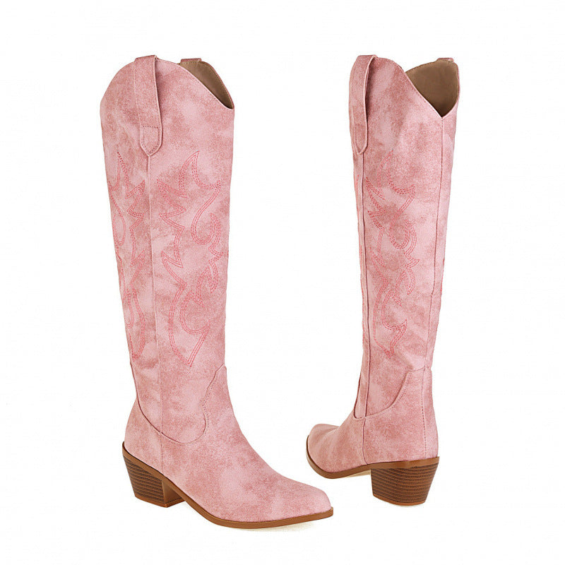 Women's Western Cowboy Embroidered High-Heel Boots – Chunky Heel Slip-On