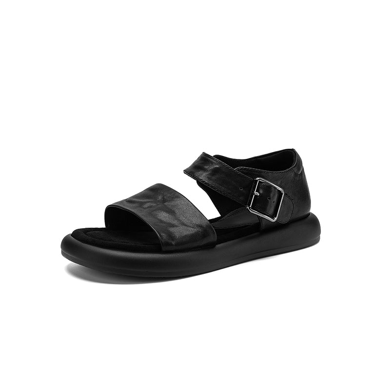 Women's Washed Leather Platform Sandals | Two-Strap Buckle Open-Toe Flats