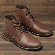 Load image into Gallery viewer, Men's Vintage Casual Leather Boots – Mid-Calf Wedge Heel, Rubber Sole, Stitched Paneling
