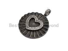 Load image into Gallery viewer, Large Pleat Round With CZ Micro Pave Heart Pendant, Cz Paved Charm/Focal Pendant, Necklace Charm Pendant, 35x38mm,sku#F661