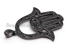 Load image into Gallery viewer, Black CZ Pave On Black Micro Pave Hamsa Hand With Evil Eye Charm, Fashion Jewelry Findings Pave Charm, Pave Dangle Charms,34x48mm, Sku#F377