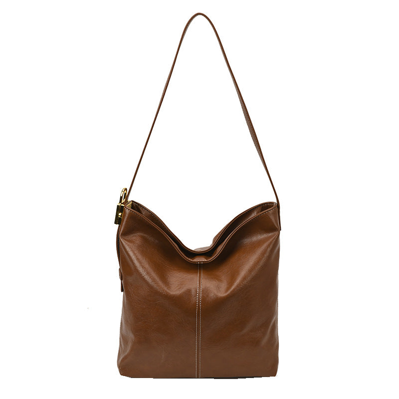 Korean-Style Large Capacity Textured PU Leather Bucket Shoulder Bag | Retro Soft Leather Handbag