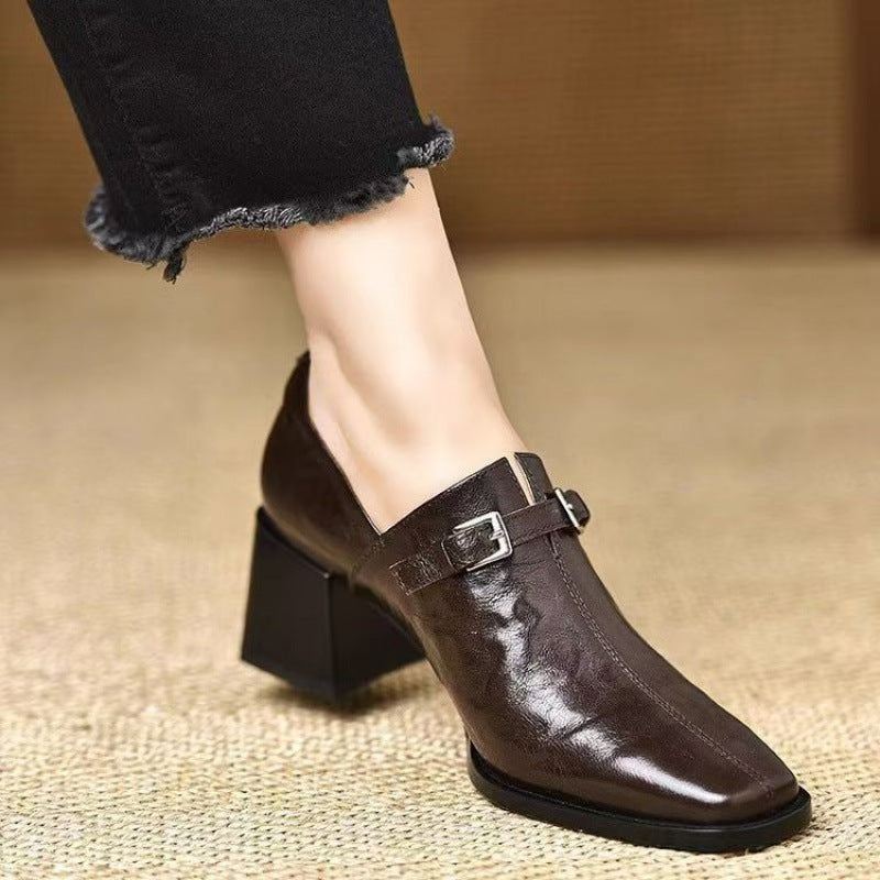 Women's Square Toe Wedge Buckle Boots – Leather High-Top Dress Shoes | Black & Dark Brown