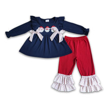 Load image into Gallery viewer, Santa embroidery navy cotton tunic pants girls Christmas outfits