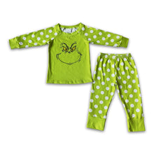 Load image into Gallery viewer, Green face screen print polka dots girls Christmas pajamas