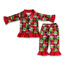 Load image into Gallery viewer, Plaid green face long sleeve baby girls Christmas pjs