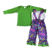 Load image into Gallery viewer, Green long sleeve shirt overalls girls children mardi gras outfits